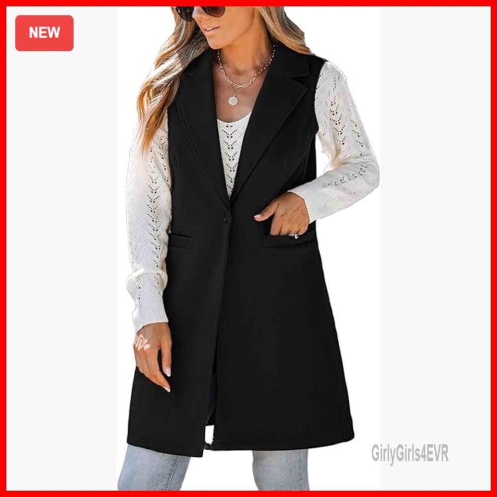 Wool Blend Sleeveless Blazer Vest, Notch Lapel, Side Pockets, Knee Length
